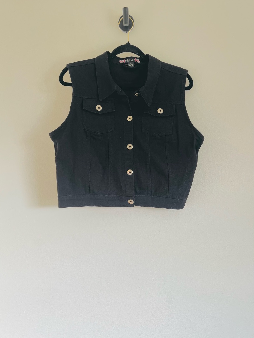Helium Black Button-Front Cropped Denim Vest
